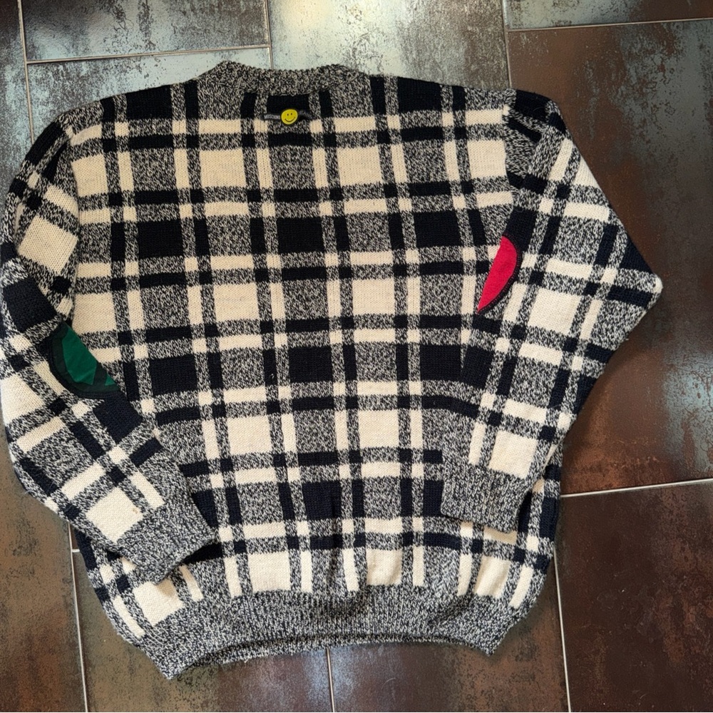 Moschino Black & Cream Plaid Crewneck with Heart and Peace Elbow Patches - Picture 5 of 6